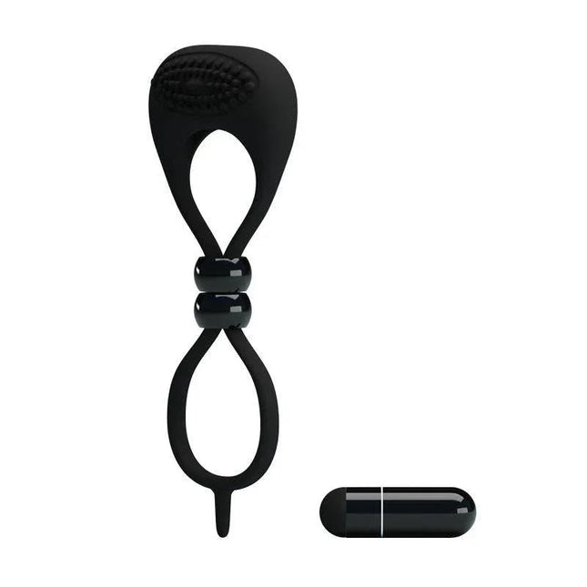 Pretty Love Vibrating Cock Ring Locker Black with silicone dual openings and a detachable vibrating bullet.