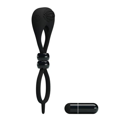 Pretty Love Vibrating Cock Ring Locker Black with dual openings and removable vibrating bullet for targeted stimulation.