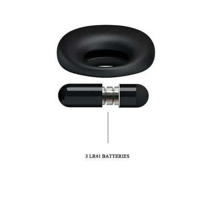 Pretty Love Vibrating Cock Ring Trap Black with battery compartment and 3 LR41 batteries visible.