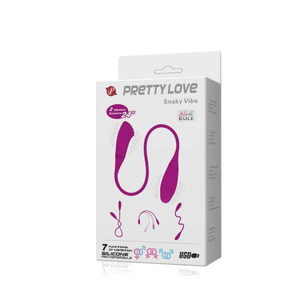 Pretty Love Vibrating Eggs Snaky Pink product packaging with dual-stimulation feature and 7 vibration functions.