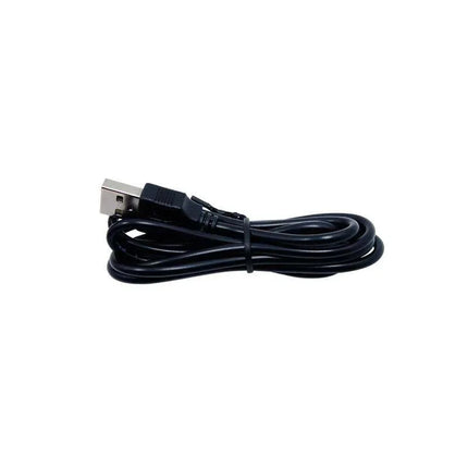 Coiled black USB charging cable for electronic devices.