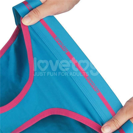 Close-up of Printed Vibrating Sexy Panties 28-33 in blue with pink trim, showcasing material and design details.