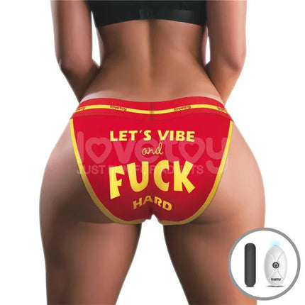 Printed Vibrating Sexy Panties 34-38 shown from the back with remote vibrator and bold text design.