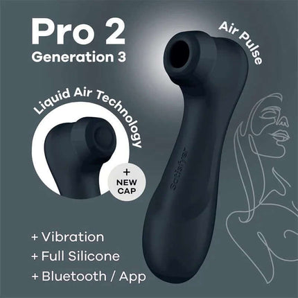 Pro 2 Gen 3 Liquid Air Technology Suction and Vibration App Connect Black device with air pulse and silicone design features