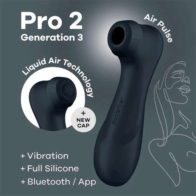 Pro 2 Gen 3 Liquid Air Technology Suction and Vibration App Connect Black device with air pulse and silicone design features