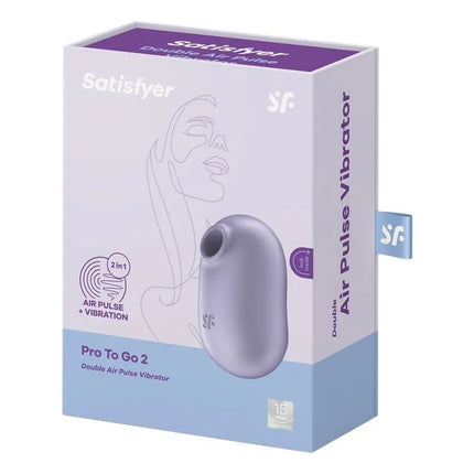Pro To Go 2 Violet pulsed air stimulator in box with stylish design and compact travel-friendly size, featuring 2 independent motors.