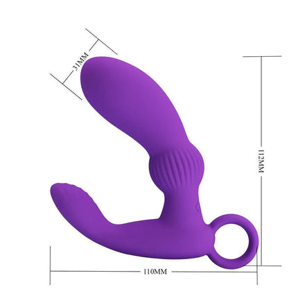 Prostate Massager Cayla Pink with ergonomic handle and shorter shaft for targeted stimulation, shown with dimensions in purple color.