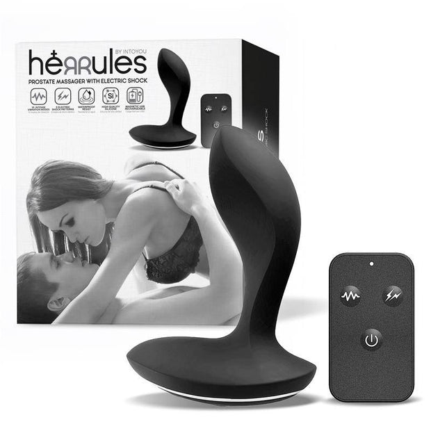 Hercules prostate massager with electric shock and remote control, packaging display.