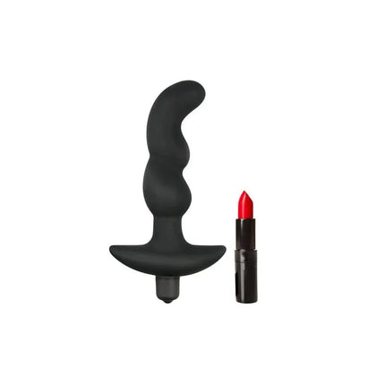 Prostate Vibrator Silicone with ergonomic design alongside a red lipstick for size comparison.