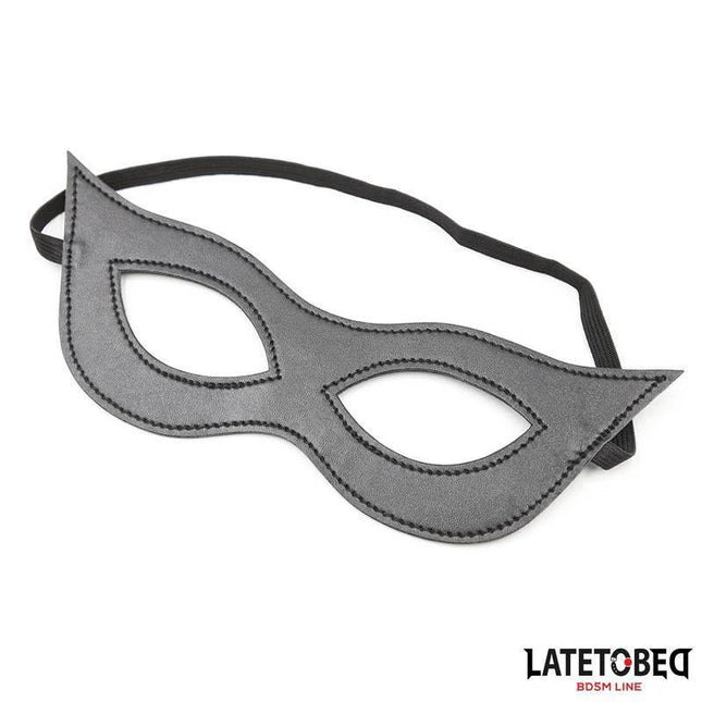 BDSM style gray eye mask with elastic strap for role-playing and costume events.