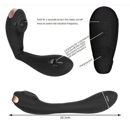 Pulsar Articulated Skeleton Vibrator with Pulsation Silicone USB showing features, control buttons, and dimensions.