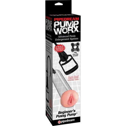 Pump Worx Beginners Pussy Pump packaging with soft Fanta-Flesh design and vacuum pump for enhanced erections.