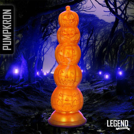 Pumpkron Pumpkin-shaped Liquid Silicone Dildo 19,7 cm with carved pumpkin faces, ideal for Halloween fun and pleasure.