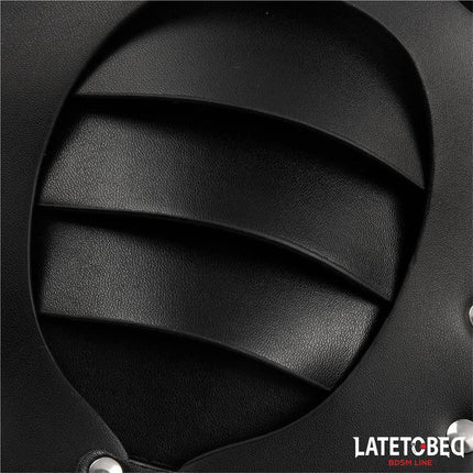 Close-up of Punk Style Mask Adjustable with black leather details from Latetobed BDSM line.
