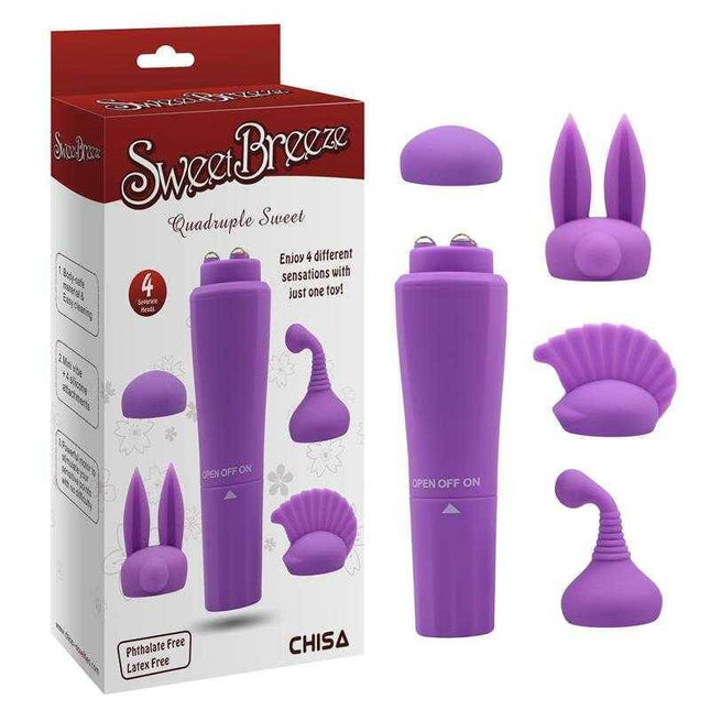 Purple 4-Head Stimulator Vibrator with exchangeable silicone heads and packaging, featuring body-safe and phthalate-free materials.