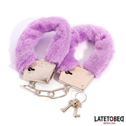 Purple Furry Metal Handcuffs with soft red faux fur lining featuring a purple metal frame, ideal for BDSM and intimate roleplay.