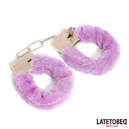 Purple Furry Metal Handcuffs with plush red faux fur, designed for BDSM and roleplay. Comfortable feel, focus on trust and exploration.