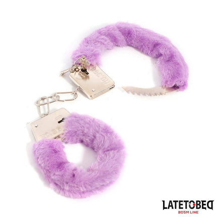 Purple Furry Metal Handcuffs with soft red faux fur lined cuffs, designed for comfortable BDSM and roleplay exploration.