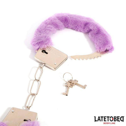 Purple Furry Metal Handcuffs with red faux fur, designed for comfortable BDSM roleplay, with included keys for secure use.