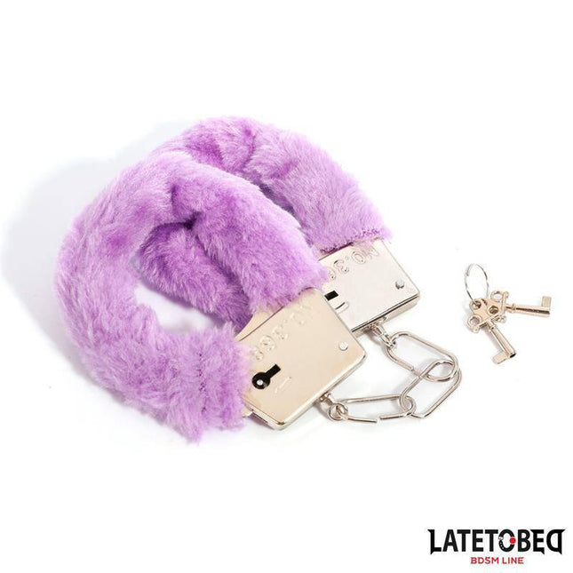 Purple Furry Metal Handcuffs with soft red faux fur and metal keys for BDSM roleplay.