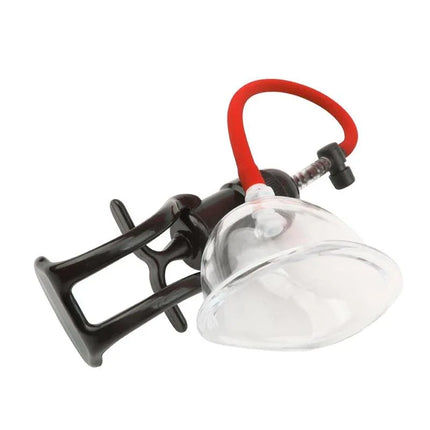 Pussy Pump Songs of Pleasure with manual pressure control and hand pump, featuring a clear suction cup and red hose for personalized use.