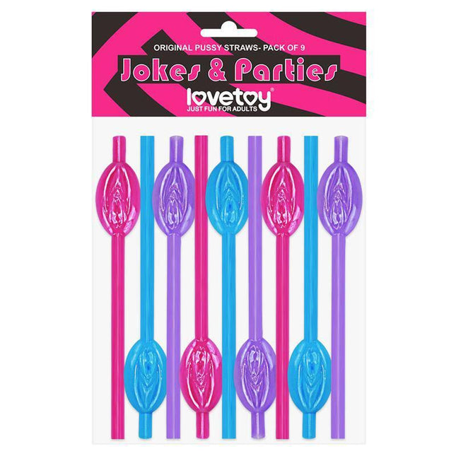 Colorful Pussy Straws Pack of 9 in packaging for bachelorette parties and celebrations.