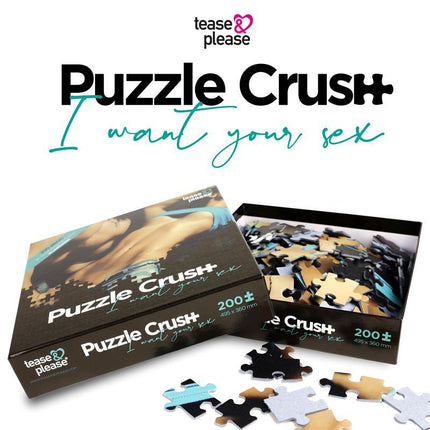 Puzzle Crush I Want Your Sex 200-piece puzzle game box opened with scattered pieces, playful foreplay theme, romantic activity