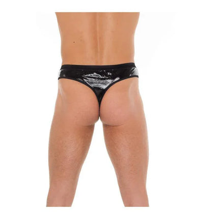 PVC String Black One Size thong with minimal coverage, featuring sleek PVC design for confident, sensual wear. 60% polyester, 35% polyether.