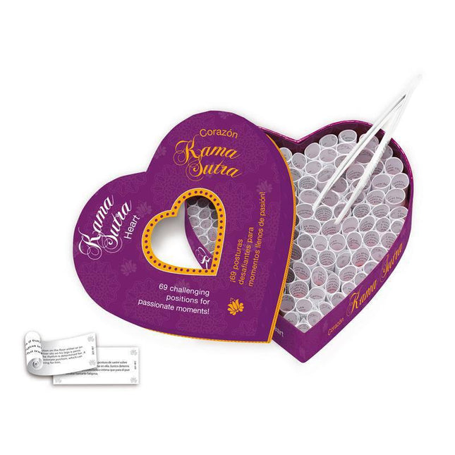 Question Game Kama Sutra Heart (EN-ES) box with scrolls and tweezers, featuring 69 challenging erotic positions for couples.