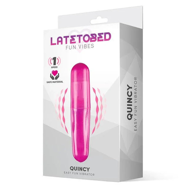 Quincy Easy Fun Vibrating Bullet Purple in packaging, compact pleasure toy for on-the-go use, body-safe and discreet.