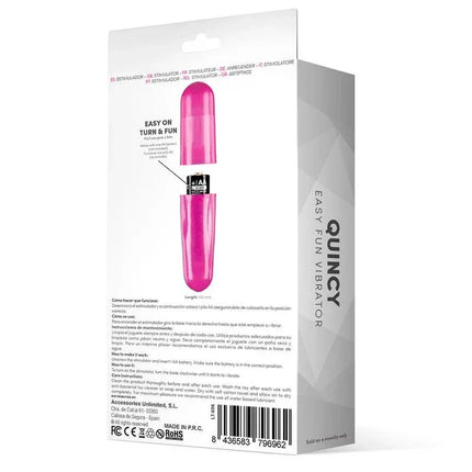 Back view of Quincy Easy Fun Vibrating Bullet Purple packaging showing product details and specifications.