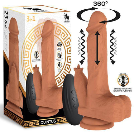 Quintus Dildo with Thrusting, Waving and Vibration 9 - 23 cm, realistic silicone design displayed with packaging and features
