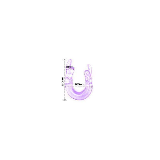 Rabbit Double Penetration Purple vibrator with dual rabbit-shaped ends and measurements for versatile pleasure.