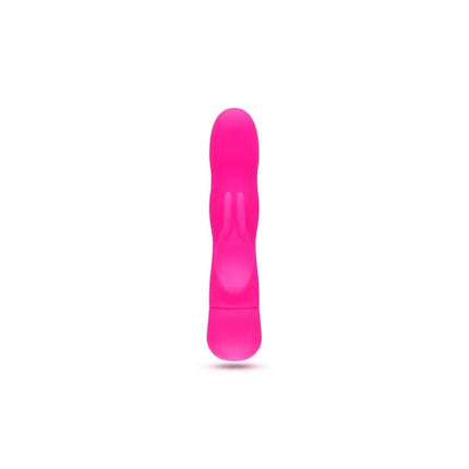 Rabbit Vibrator - Pink silicone toy for dual-stimulation, featuring curved shaft and vibrating ears for G-spot and clitoral pleasure.