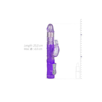 Purple Rabbit Vibrator Thrusting and Rotating Balls with clitoral stimulator and measurement details