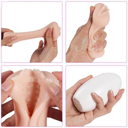 Rainbow Masturbator Egg Blue with textured sleeve and discreet design for enhanced stimulation shown in four different angles.