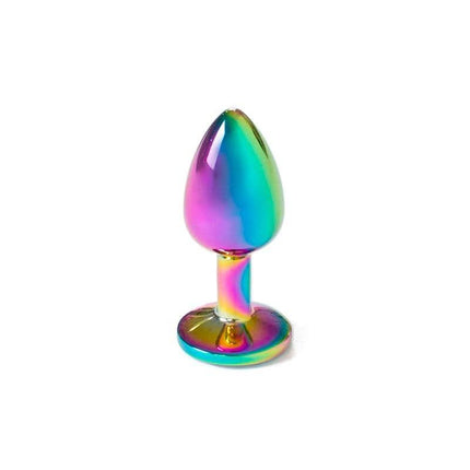 Rainbow Metal Butt Plug Size S with rainbow finish, size small, designed for beginners, made from nickel-free aluminum, elevates anal play.