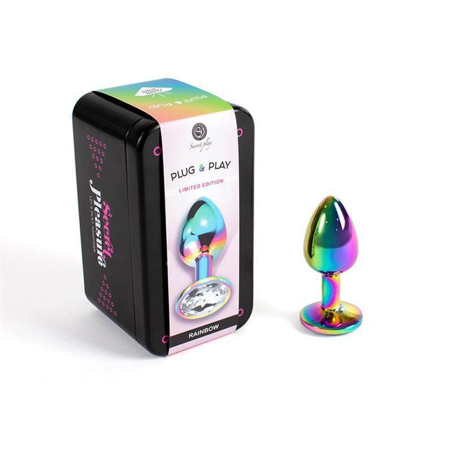 Rainbow Metal Butt Plug Size S with packaging, nickel-free, colorful finish