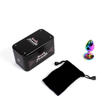 Rainbow Metal Butt Plug Size S with packaging and storage pouch, featuring colorful finish and sleek design for beginners.