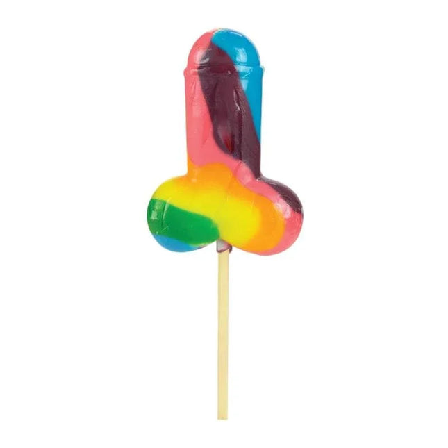 Rainbow Penis Shaped Lollipop, multicolor candy, novelty sweet, 85g, vibrant flavors, playful confectionery.