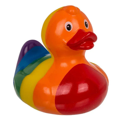 Rainbow Squeaking Duck with vibrant colors and classic duckling silhouette, perfect playful toy for kids.