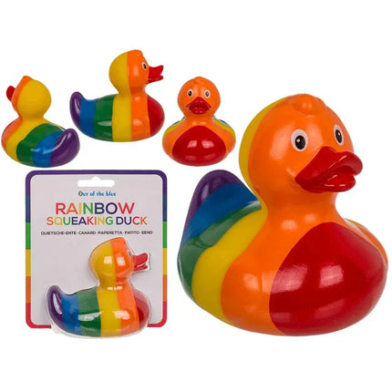 Multicolored Rainbow Squeaking Duck toy, perfect for children's playtime, with a cheerful, classic duckling silhouette and squeak feature.