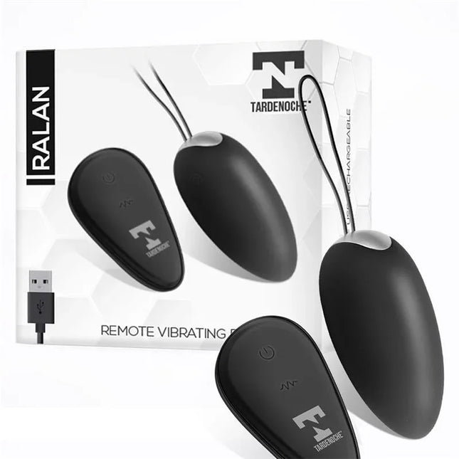 Ralan Vibrating Egg with Remote Control Magnetic USB in black, featuring a sleek design and boxed set with USB charger.
