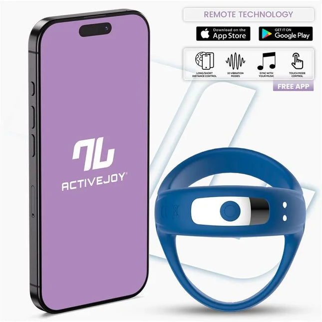 Rank Vibrating Ring with App Blue next to smartphone, showcasing app connectivity and remote technology features.
