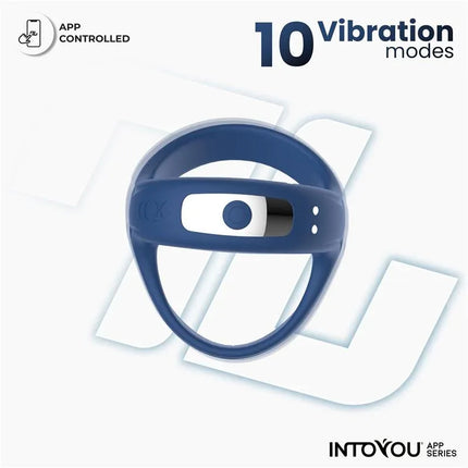 Rank Vibrating Ring with App Blue featuring 10 vibration modes and app control, part of the Intoyou App Series
