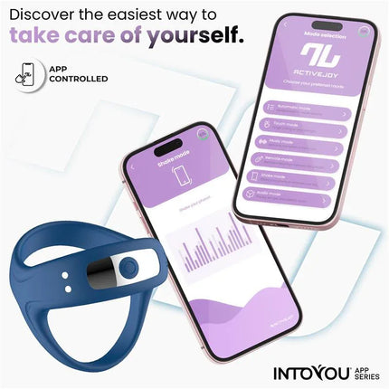 Rank Vibrating Ring with App Blue alongside smartphone displaying app control features from Intoyou App Series.