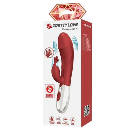 Rasmussen Vibe 30 Functions Red vibrator packaging with dual-motor design and clitoral stimulator