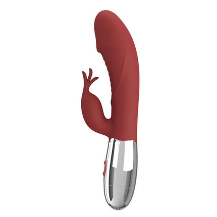 Rasmussen Vibe 30 Functions Red dual-motor vibrator with clitoral stimulator and USB rechargeability.