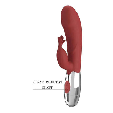 Rasmussen Vibe 30 Functions Red dual-motor vibrator with clitoral stimulator, featuring smooth silicone and USB rechargeability.