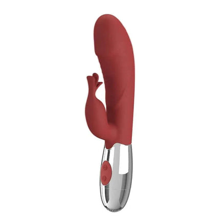 Rasmussen Vibe 30 Functions Red dual-motor vibrator with clitoral stimulator and flexible shaft for G-spot stimulation.